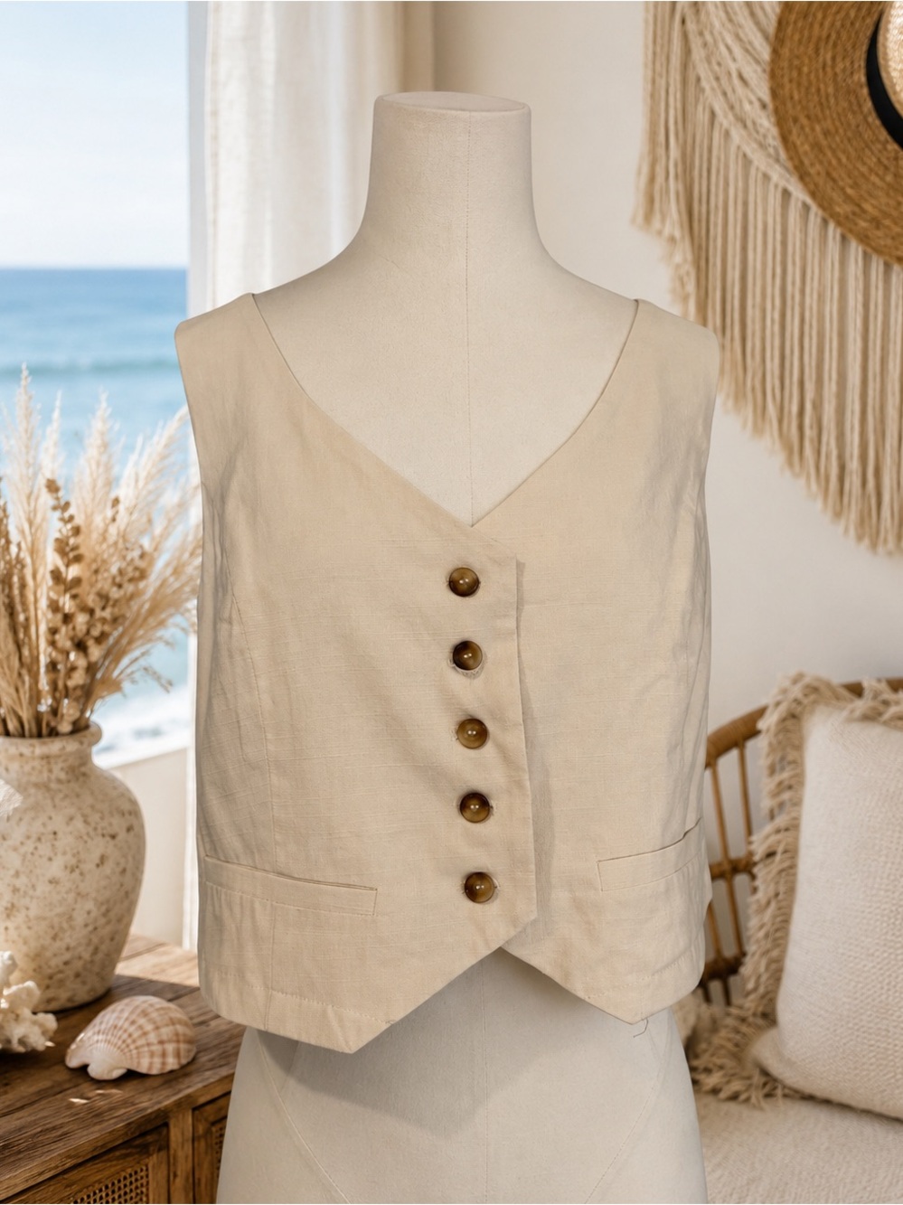Mina Self Linen Blend Button Front Vest Cream Beige Boho Minimalist Waistcoat